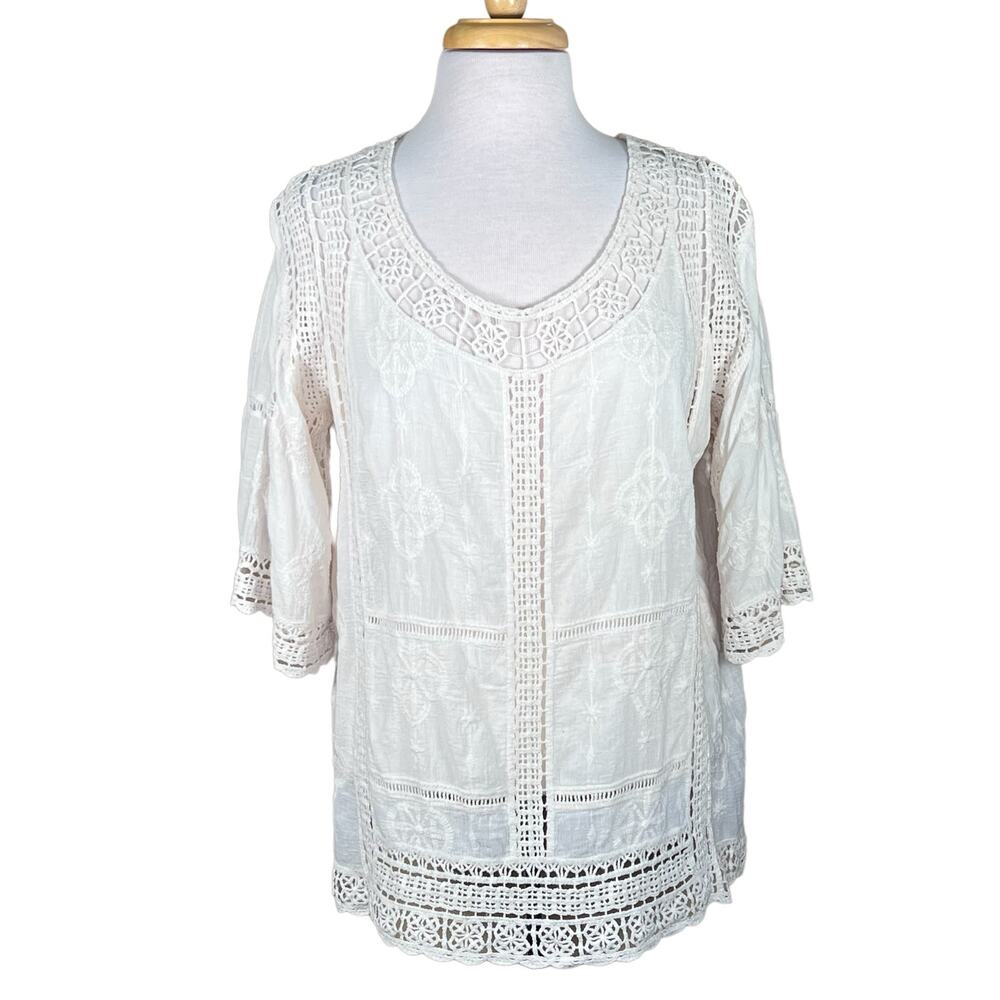 Democracy Women’s Ivory Gauzy Cotton Crochet Trim 3/4 Sleeve Boho Top Medium EUC